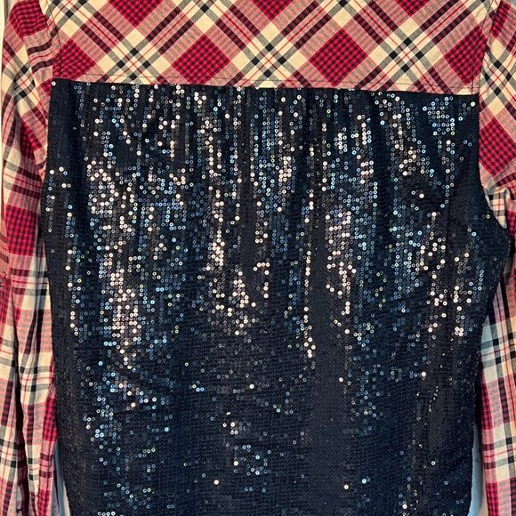 BLANK NYC Plaid Button Down with Sequin Back, Red Cream, Size Small - Picture 10 of 13